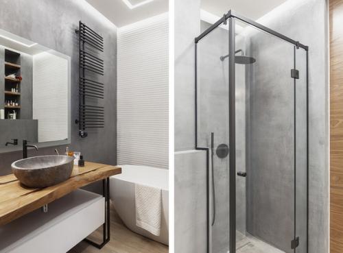 Интерьер с отсылками к стилю лофт и преобладанием черного цвета и бетона. 07