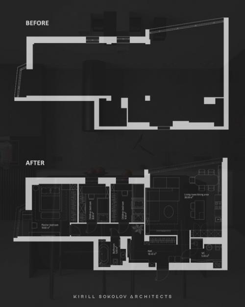 Стильная квартира, площадью 110 квадратных метров в монохромной цветовой гамме с панорамным видом на город и эргономичной планировкой. 06