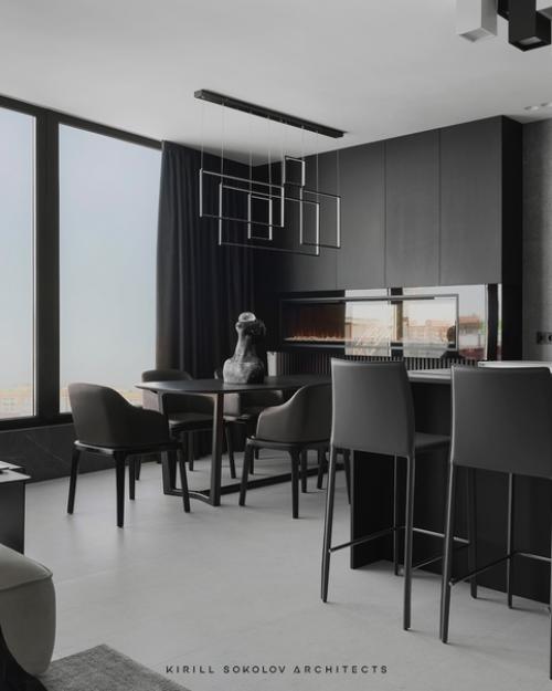 Стильная квартира, площадью 110 квадратных метров в монохромной цветовой гамме с панорамным видом на город и эргономичной планировкой. 03