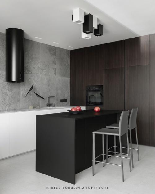 Стильная квартира, площадью 110 квадратных метров в монохромной цветовой гамме с панорамным видом на город и эргономичной планировкой. 05