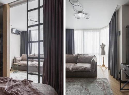 Интерьер с отсылками к стилю лофт и преобладанием черного цвета и бетона. 04