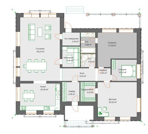 Дом площадью 170 м 2 с большой кухней - гостиной, детской и 2 спальнями был придуман для индивидуального строительства. 08