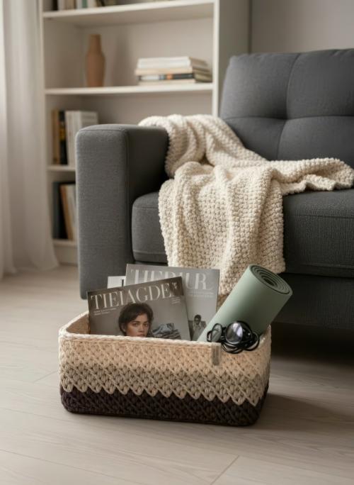 Теперь хочу показать наглядный пример, как можно использовать вязаные корзины дома.
