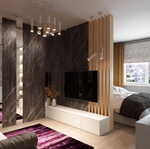 Современный интерьер однокомнатной квартиры, предназначенный для молодой женщины. 01