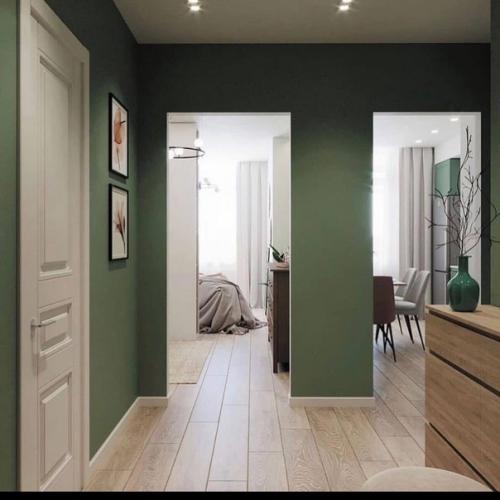 Стильный вариант дизайна квартиры в светлых тонах в сочетании с оттенком зеленого. 01