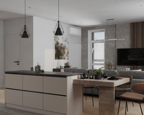 Спокойный современный интерьер кухни - гостиной. 01