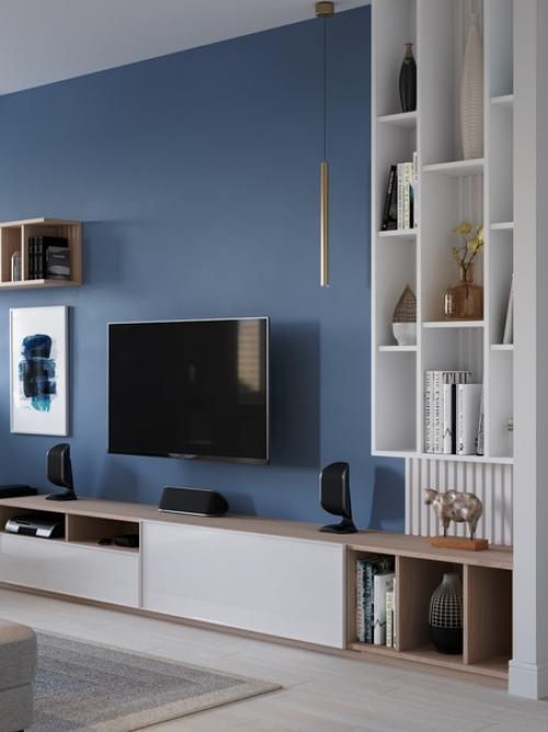 Красивый, современный интерьер кухни - столовой и гостиной в трехкомнатной квартире молодой семейной пары. 06