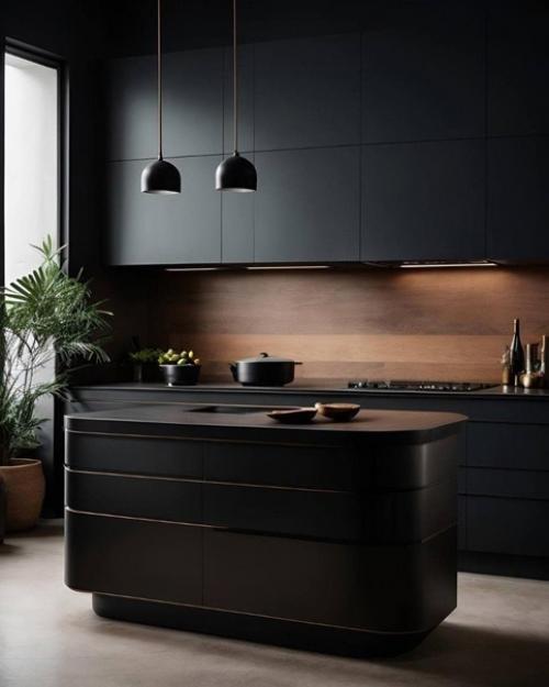 Просто шикарная кухня в чёрном цвете с небольшим добавлением бронзы. 01