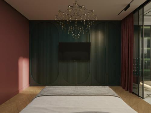 Интерьер спальни с личной ванной комнатой, выполнен в современном стиле с акцентом на минимализм и функциональность. 02