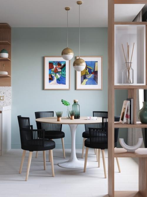 Красивый, современный интерьер кухни - столовой и гостиной в трехкомнатной квартире молодой семейной пары. 03