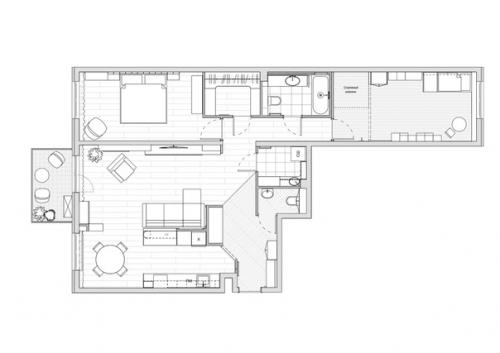 Красивый, современный интерьер кухни - столовой и гостиной в трехкомнатной квартире молодой семейной пары. 08