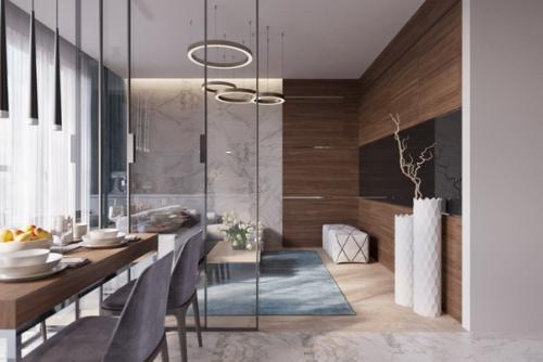 Полностью стеклянная стена- основной элемент, разделяющий зоны кухни и гостиной. 02