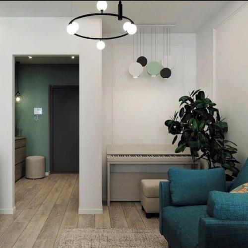 Стильный вариант дизайна квартиры в светлых тонах в сочетании с оттенком зеленого. 07