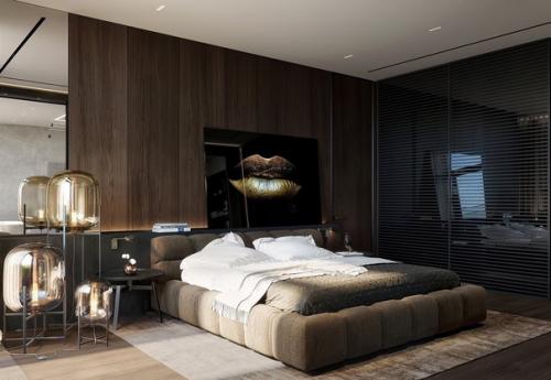 Брутальная мужская спальня в темных тонах для спокойного отдыха после насыщенного дня. 04