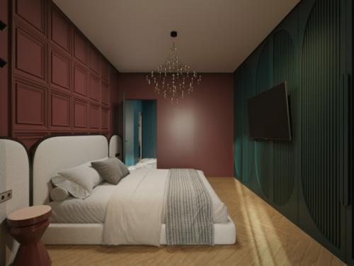 Интерьер спальни с личной ванной комнатой, выполнен в современном стиле с акцентом на минимализм и функциональность. 03