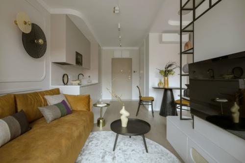 Интерьер квартиры - студии 33 м 2. квадратное помещение зонировали мебельной перегородкой со шкафом, ящиками, полками и тв - зоной. 01