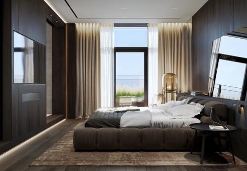 Брутальная мужская спальня в темных тонах для спокойного отдыха после насыщенного дня. 03