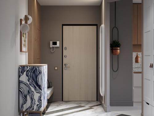 Красивый, современный интерьер кухни - столовой и гостиной в трехкомнатной квартире молодой семейной пары. 07