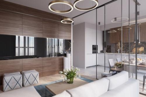 Полностью стеклянная стена- основной элемент, разделяющий зоны кухни и гостиной. 01