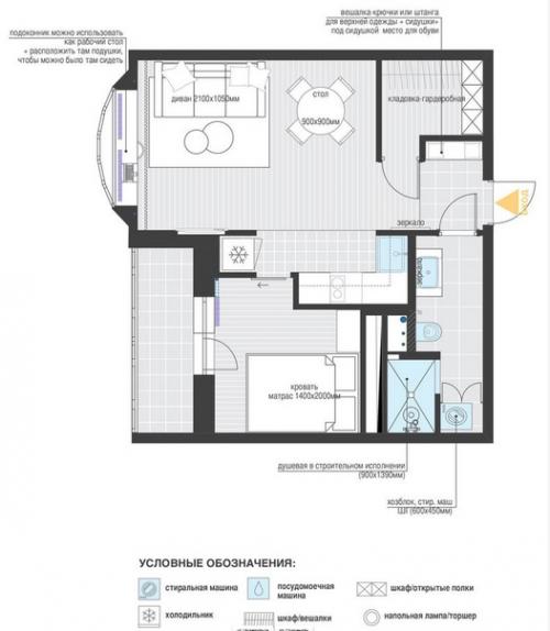 Яркий, интересный интерьер небольшой однокомнатной квартиры в стиле фьюжн, разработанный московским дизайнером Ириной носовой. 09