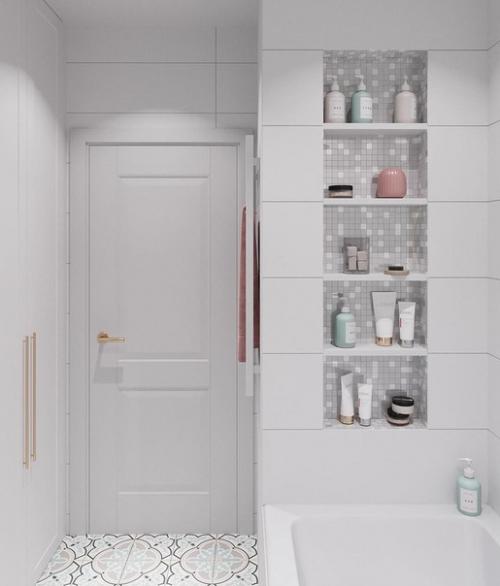 Спокойный и нежный дизайн - проект ванной комнаты со стандартной планировкой, площадью примерно 4 кв. 01