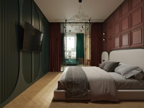 Интерьер спальни с личной ванной комнатой, выполнен в современном стиле с акцентом на минимализм и функциональность. 01