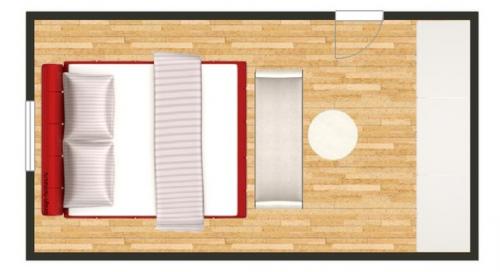 Интерьер узкой и длинной спальни. 09