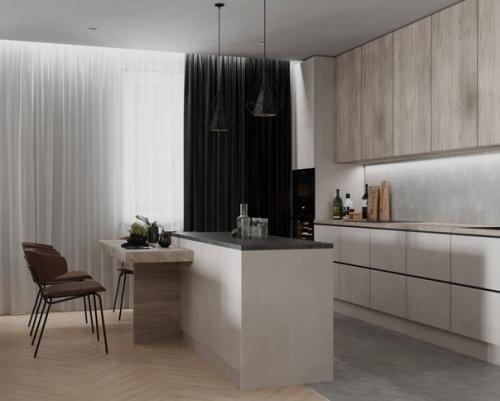 Спокойный современный интерьер кухни - гостиной. 02