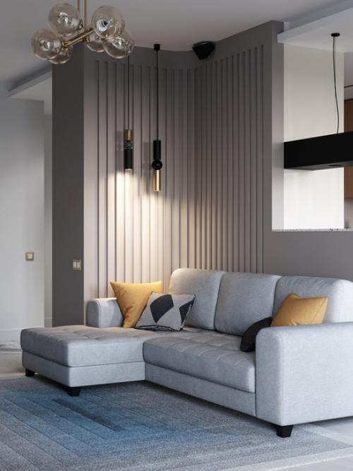 Красивый, современный интерьер кухни - столовой и гостиной в трехкомнатной квартире молодой семейной пары. 04