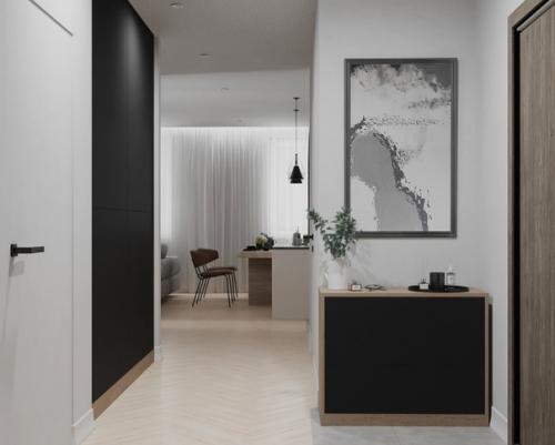 Спокойный современный интерьер кухни - гостиной. 04