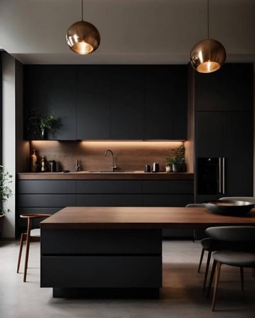 Просто шикарная кухня в чёрном цвете с небольшим добавлением бронзы. 02