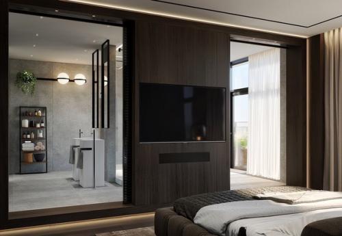 Брутальная мужская спальня в темных тонах для спокойного отдыха после насыщенного дня. 01