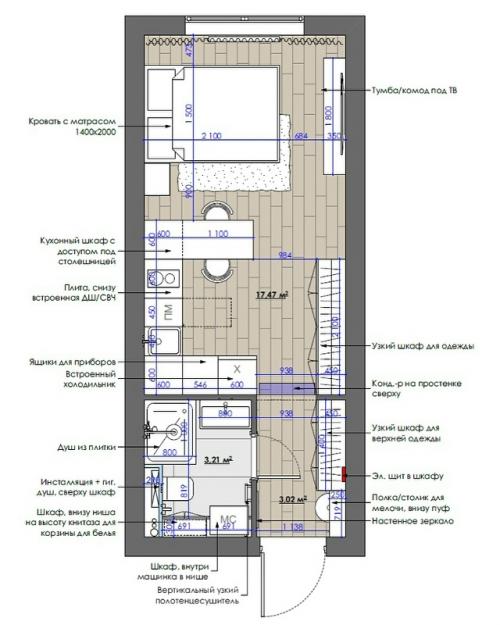 Проект компактной квартиры - студии 23, 7 м 2 в ЖК Neva Haus в Санкт-петербурге. 09