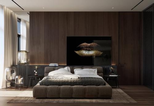 Брутальная мужская спальня в темных тонах для спокойного отдыха после насыщенного дня. 02