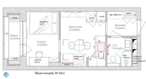 Проект маленькой студии 30 кв. 08