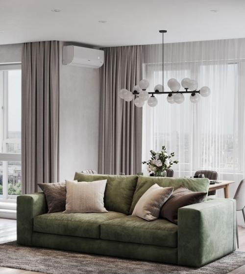 Современный, минималистичный интерьер кухни, объединенной с гостиной, в спокойной цветовой гамме. 02