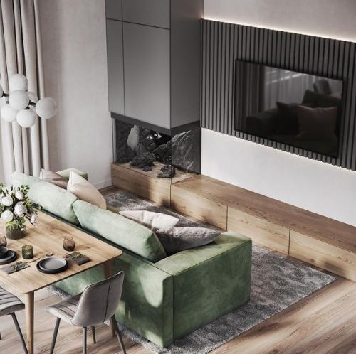 Современный, минималистичный интерьер кухни, объединенной с гостиной, в спокойной цветовой гамме. 04