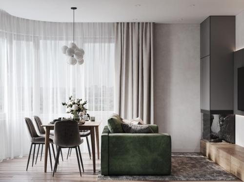 Современный, минималистичный интерьер кухни, объединенной с гостиной, в спокойной цветовой гамме. 03