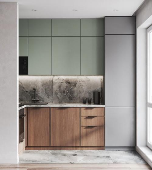 Современный, минималистичный интерьер кухни, объединенной с гостиной, в спокойной цветовой гамме. 01