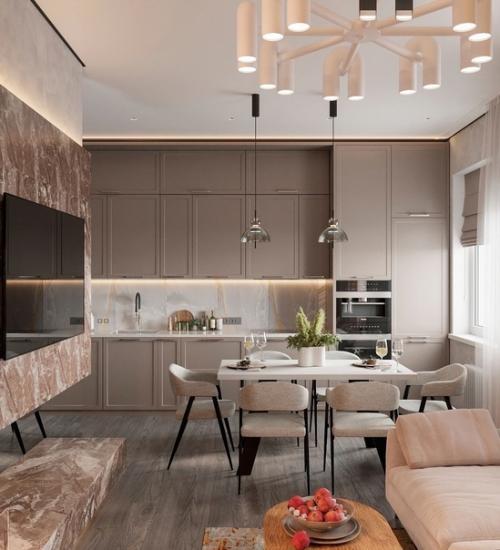 Уют и гармония: дизайн кухни - гостиной в спокойных тонах. 02