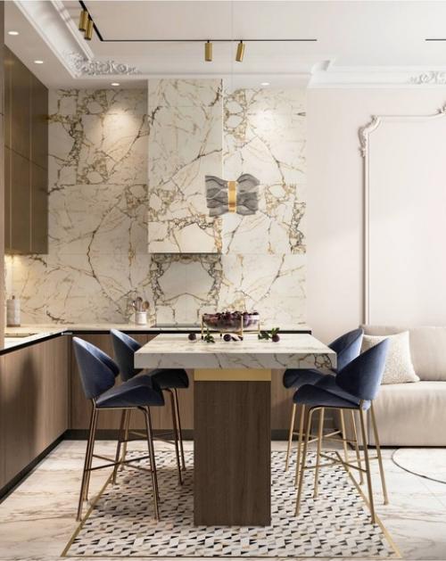 Стильная кухня - гостиная в квартире в ЖК Сердце Столицы в Москве. 01