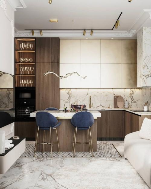 Стильная кухня - гостиная в квартире в ЖК Сердце Столицы в Москве. 02