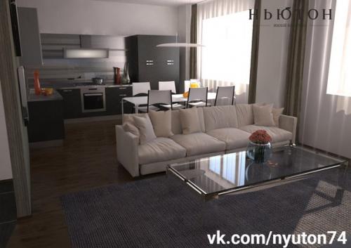 Интерьерные решения.  Квартира 69, 8 м 2. пространство квартиры включает спальню, ванную комнату, гостиную, объединенную с кухней. 01