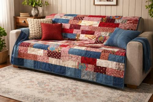 В случае если собрать покрывало только из красных лоскутов - получится слишком ярко, даже немного агрессивно для интерьера.  