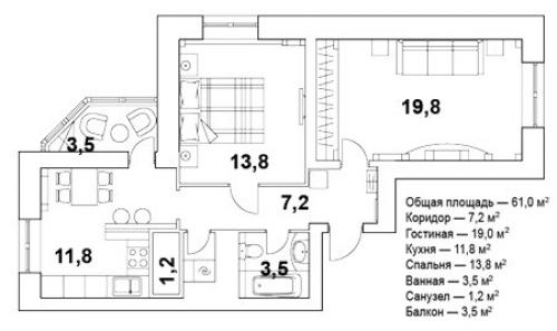 Атмосфера спокойствия.  Дизайн - проект двухкомнатной квартиры 61 кв. 05