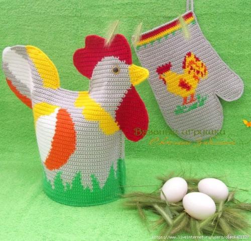 Мы вяжем крючком прихватки - рукавички Курочка и Петушок (мк). 09