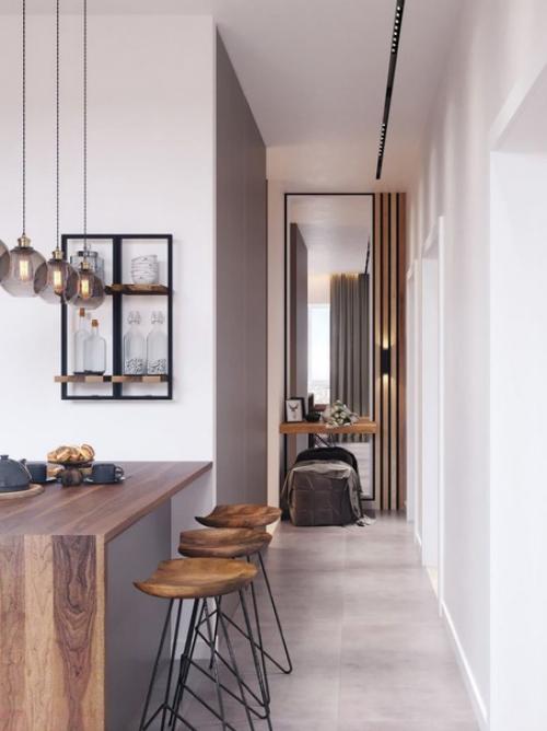 Интерьер гостиной и кухни в современном сканди - стиле, с элементами этно - стиля. 03