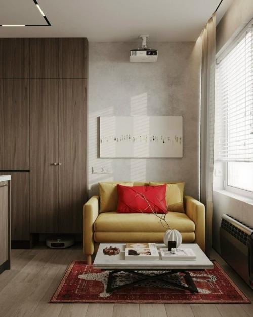 Квартира площадью 27, 5 квадратных метров выполнена в индустриальном стиле с лёгкими восточными нотками. 
