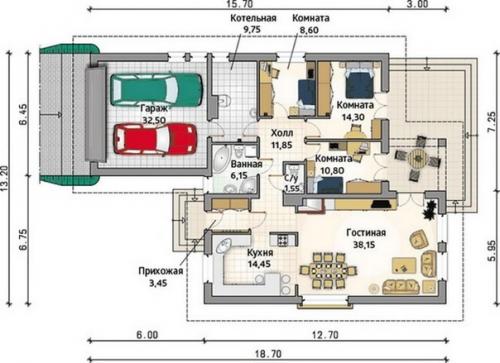 Планировка одноэтажного дома с гаражом и террасой КО-96 от Студии Архитектуры и Дизайнаантэй. 04