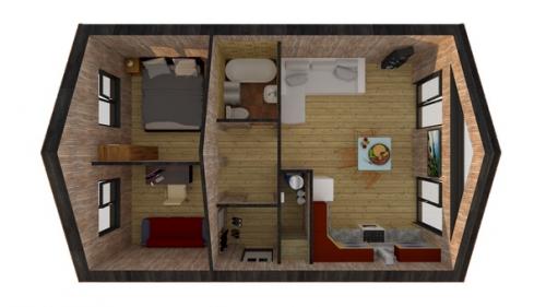 Что такое энергосберегающий дом 45 м, в котором есть 2 спальни, санузел, кладовка, гостиная с окнами до пола и высотой потолка 4. 2 м? 01